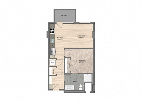 Floor plan for studio, 1 bath, 627 sqft